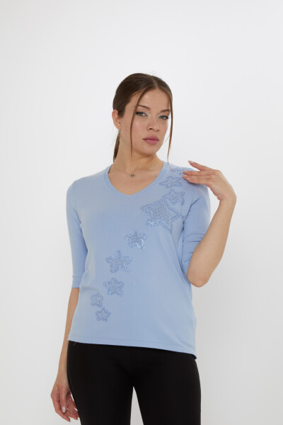 Triko Kazak Yıldız İşlemeli Mavi - 31779 | KAZEE (3'lü Set M-L-XL) 