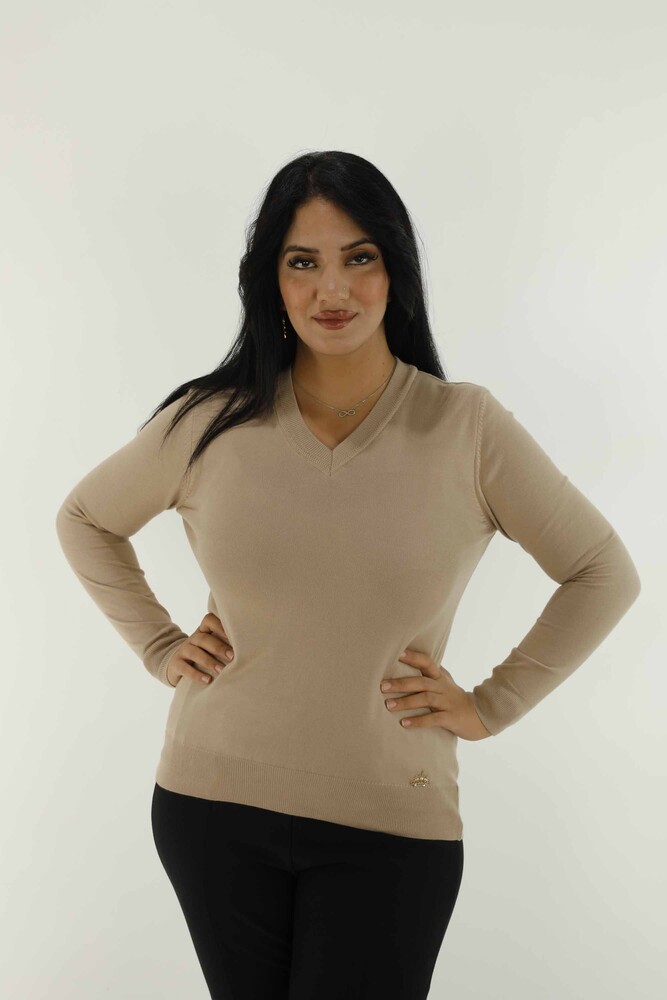 V-Ausschnitt Basic Langarm-Strickwaren Beige - 30256 | KAZEE - 1