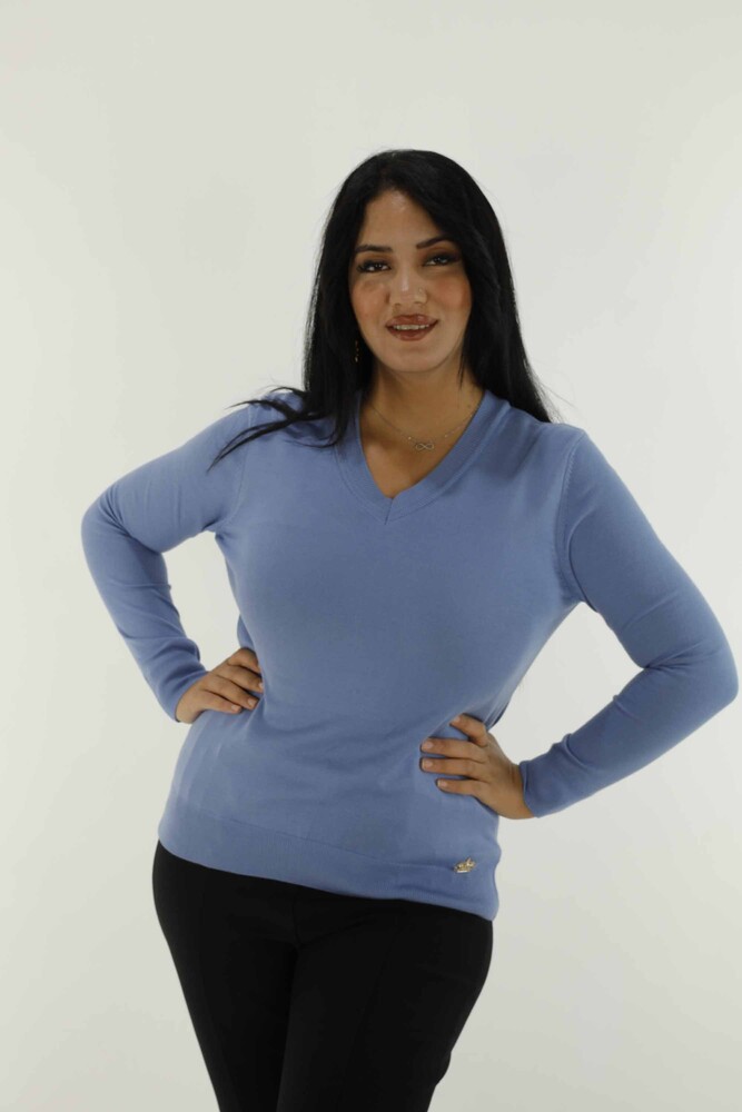 V-Ausschnitt Basic Langarm-Strickwaren Blau – 30256 | KAZEE - 1