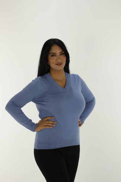 V-Ausschnitt Basic Langarm-Strickwaren Blau – 30256 | KAZEE - 2