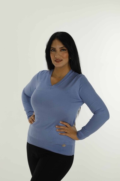 V-Ausschnitt Basic Langarm-Strickwaren Blau – 30256 | KAZEE - 3