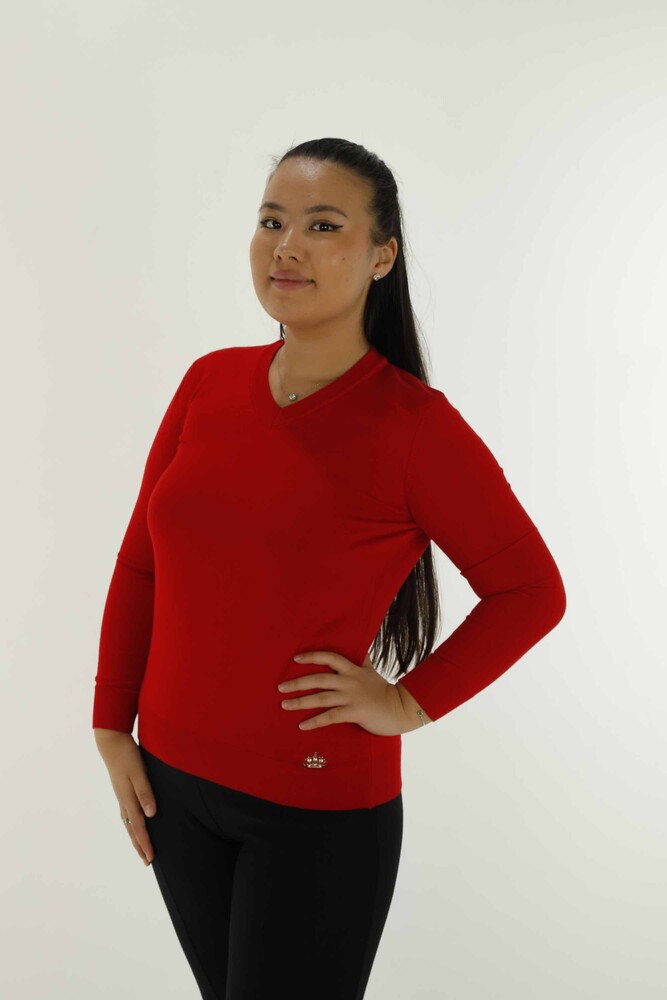 V-Ausschnitt Basic Langarm-Strickwaren Rot – 30256 | KAZEE - 1