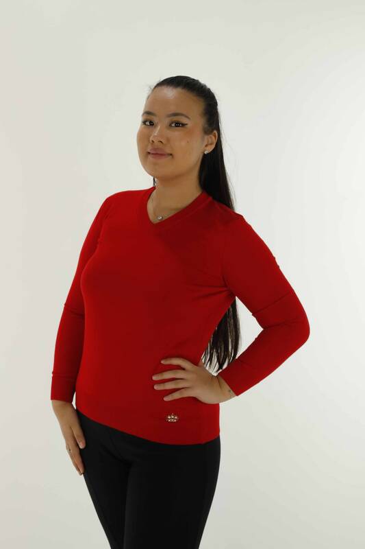 V-Ausschnitt Basic Langarm-Strickwaren Rot – 30256 | KAZEE