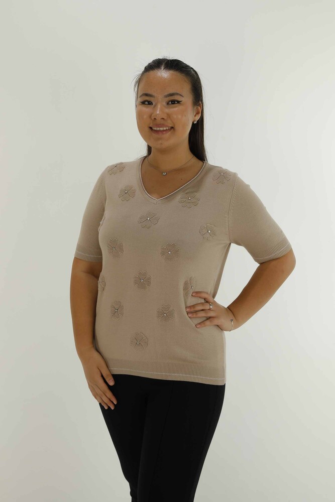 V-Ausschnitt Kurzarm Stone Strickwaren Beige - 30814 | KAZEE - 1