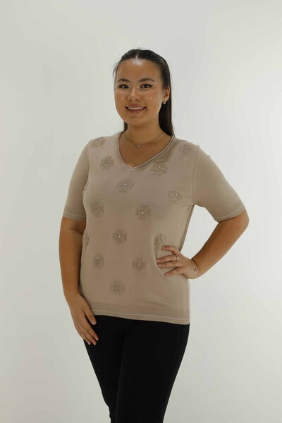 V-Ausschnitt Kurzarm Stone Strickwaren Beige - 30814 | KAZEE 