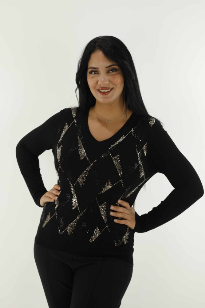 Langarm-Strickwaren mit V-Ausschnitt und Steindetail Schwarz - 30688 | KAZEE - 1