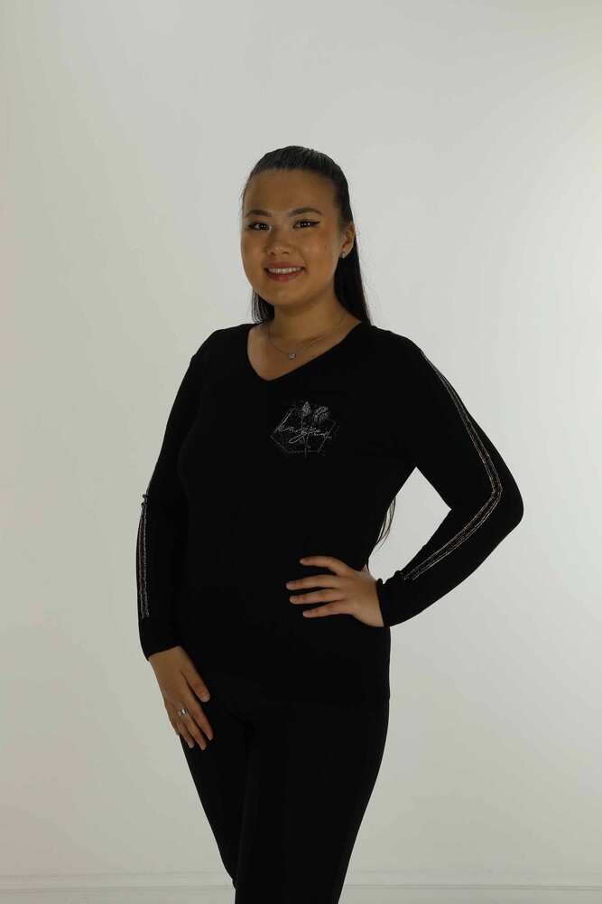 V Neck Stone Detailed Long Sleeve Knitwear Black - 30751 | KAZEE - 1