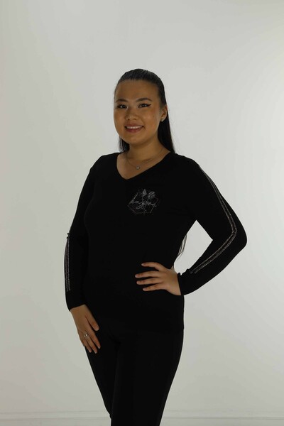 V Neck Stone Detailed Long Sleeve Knitwear Black - 30751 | KAZEE 