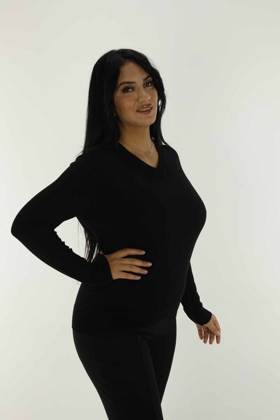 V Neck Basic Long Sleeve Knitwear Black - 30256 | KAZEE - Thumbnail