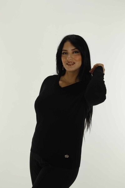 V Neck Basic Long Sleeve Knitwear Black - 30256 | KAZEE - Thumbnail