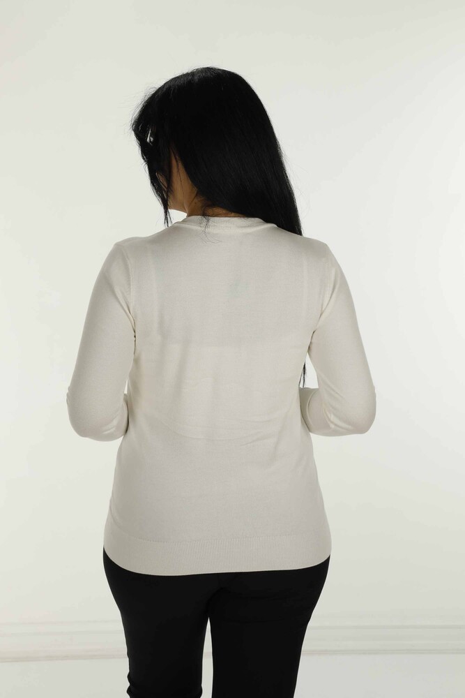 V Neck Basic Long Sleeve Knitwear Ecru- 30256 | KAZEE - 5