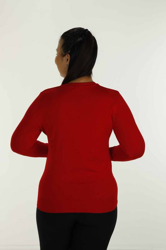 V Neck Basic Long Sleeve Knitwear Red- 30256 | KAZEE