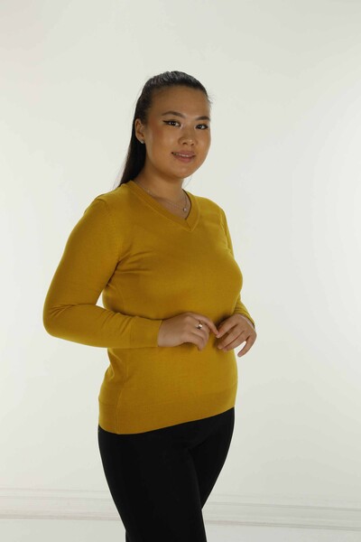 V Neck Basic Long Sleeve Knitwear Safran - 30256 | KAZEE - Thumbnail