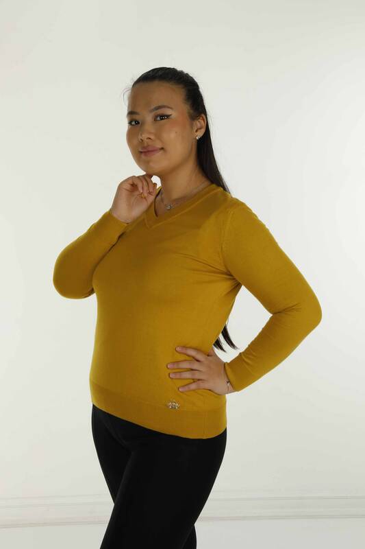 V Neck Basic Long Sleeve Knitwear Safran - 30256 | KAZEE