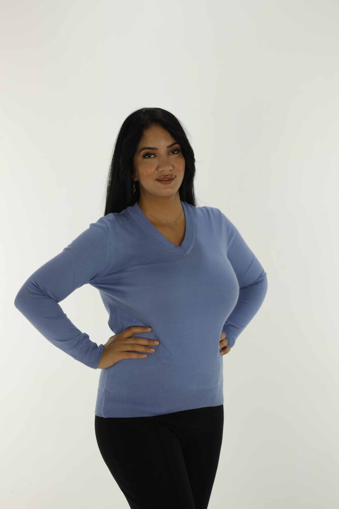 V-Neck Basic Long Sleeve Knitwear Blue- 30256 | KAZEE - 2