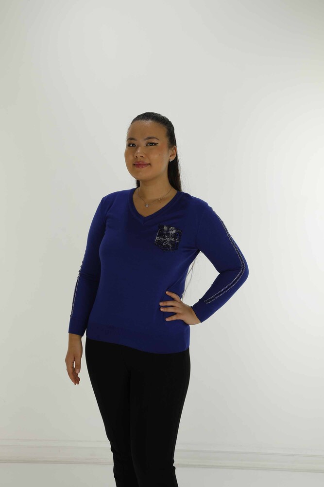 V Neck Stone Detailed Long Sleeve Knitwear Saxe - 30751 | KAZEE - 1