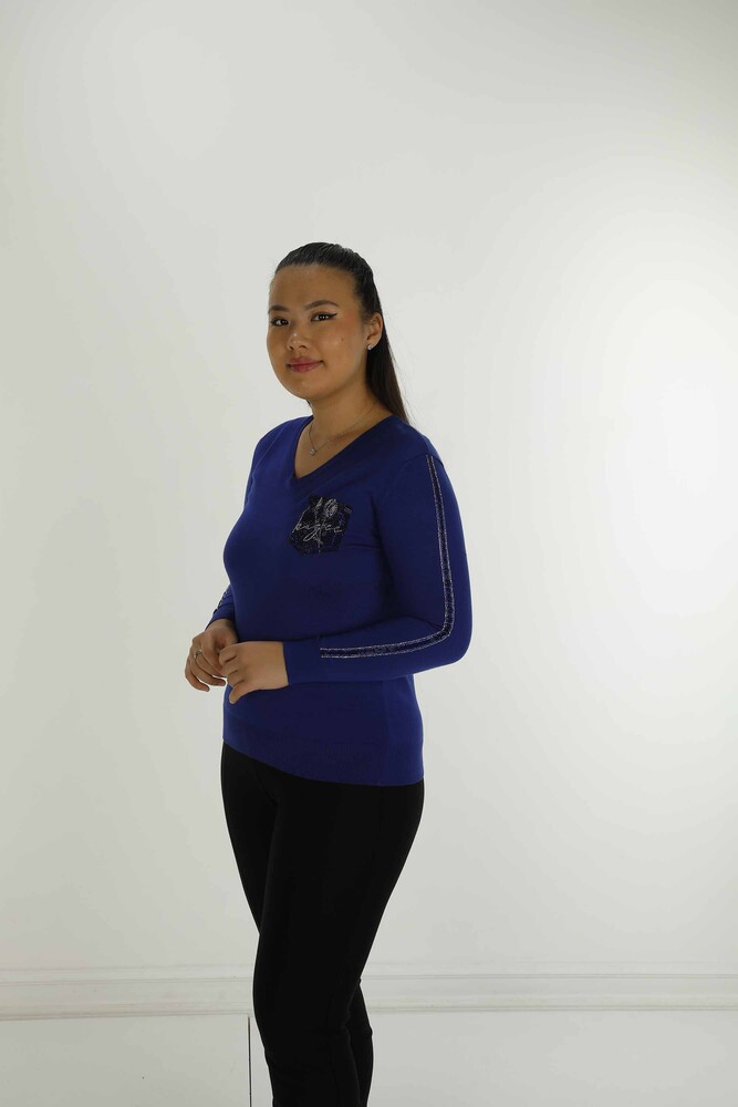 V Neck Stone Detailed Long Sleeve Knitwear Saxe - 30751 | KAZEE - 3