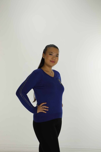 V Neck Stone Detailed Long Sleeve Knitwear Saxe - 30751 | KAZEE - Thumbnail