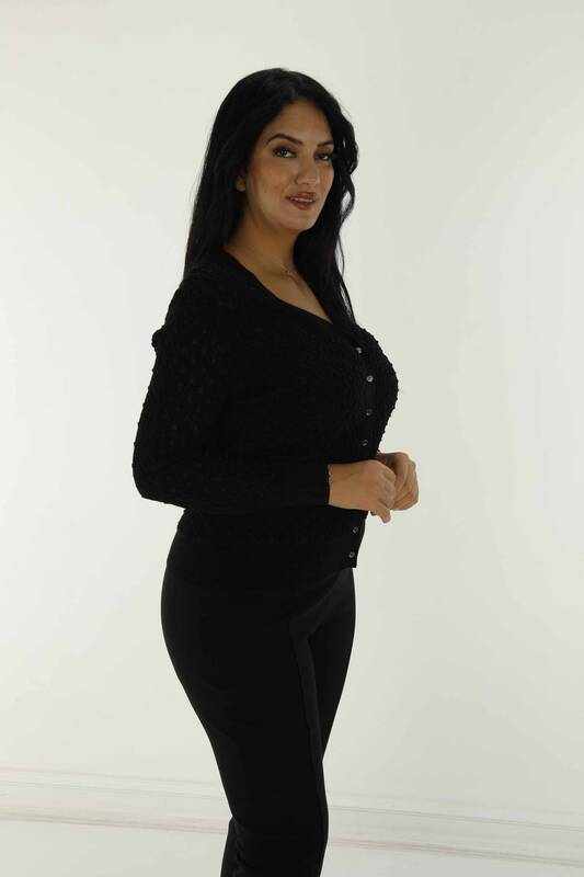 V Neck Glittery Knitted Cardigan Black - 30036 | KAZEE