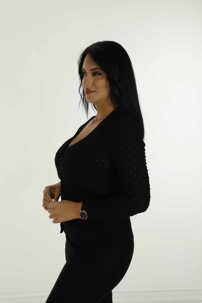 V Neck Glittery Knitted Cardigan Black - 30036 | KAZEE - Thumbnail