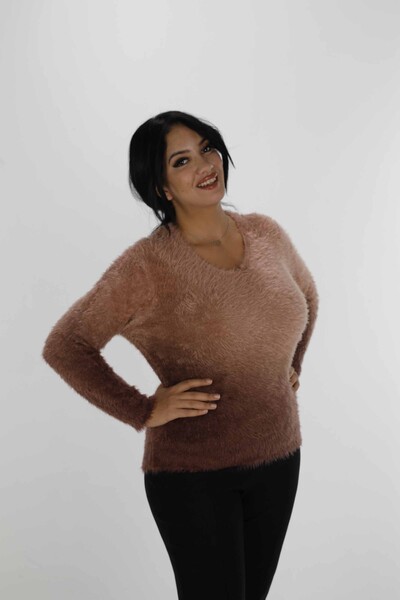 V Neck Long Sleeve Angora Sweater Brown - 31013 | KAZEE (Set of 3 S-M-L) - Thumbnail