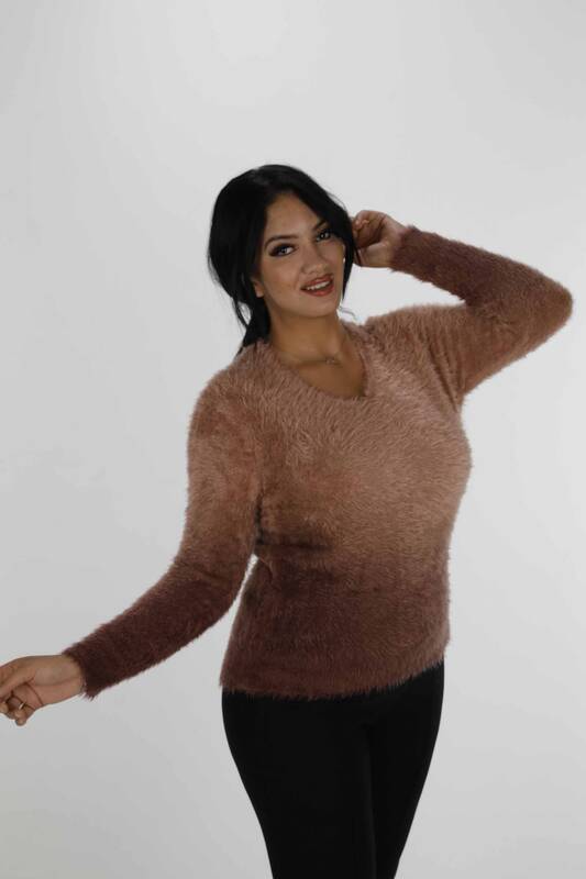 V Neck Long Sleeve Angora Sweater Brown - 31013 | KAZEE (Set of 3 S-M-L)