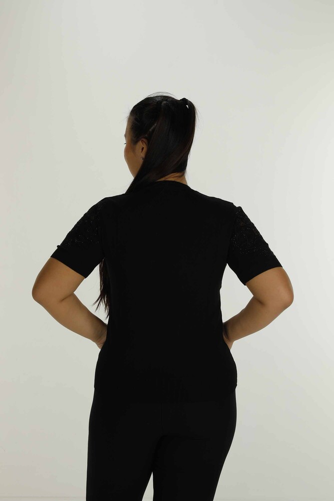 V Neck Short Sleeve Embroidered Sweater Black - 30930 | KAZEE - 6