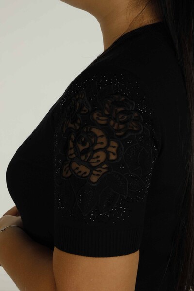 V Neck Short Sleeve Embroidered Sweater Black - 30930 | KAZEE - 5