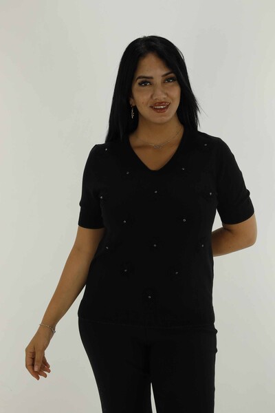 V Neck Short Sleeve Stone Knitwear Black - 30814 | KAZEE - 1