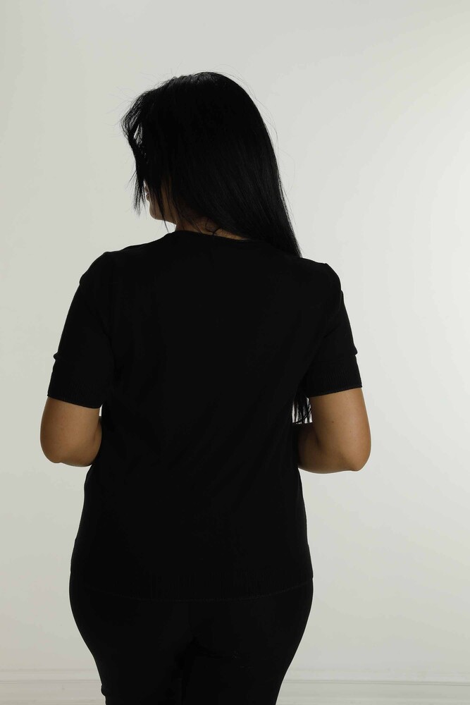 V Neck Short Sleeve Stone Knitwear Black - 30814 | KAZEE - 5