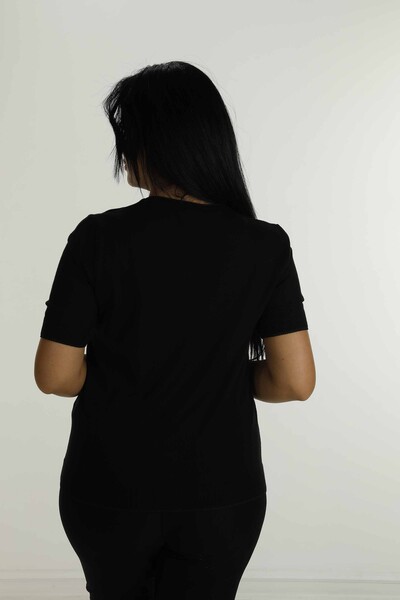 V Neck Short Sleeve Stone Knitwear Black - 30814 | KAZEE - Thumbnail