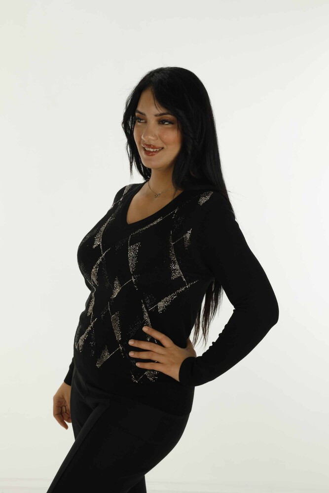 V Neck Stone Detailed Long Sleeve Knitwear Black - 30688 | KAZEE - 3