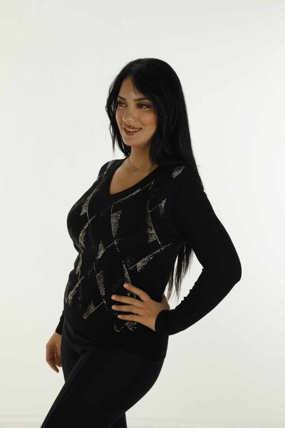 V Neck Stone Detailed Long Sleeve Knitwear Black - 30688 | KAZEE - Thumbnail (2)