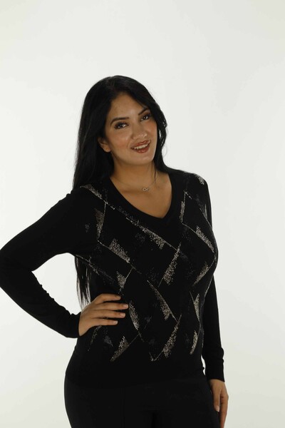 V Neck Stone Detailed Long Sleeve Knitwear Black - 30688 | KAZEE - Thumbnail