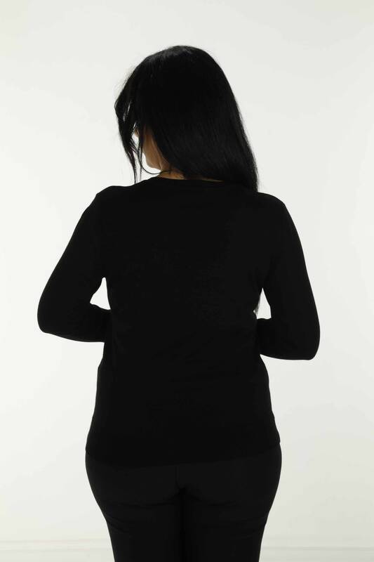 V Neck Stone Detailed Long Sleeve Knitwear Black - 30688 | KAZEE