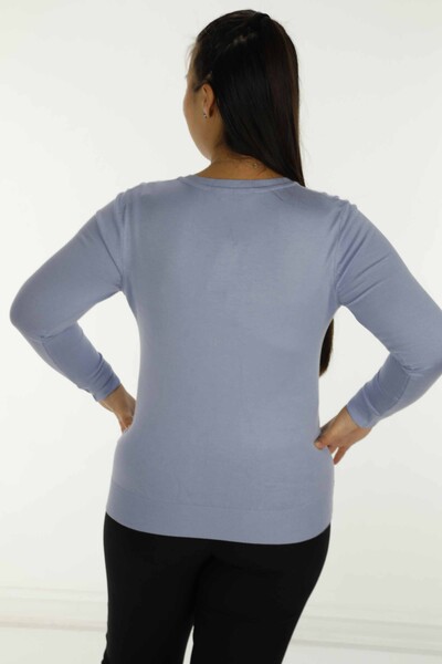 V Neck Stone Detailed Long Sleeve Sweater Blue - 30557 | KAZEE - 6