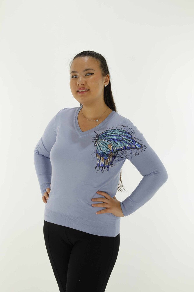 V Neck Stone Detailed Long Sleeve Sweater Blue - 30557 | KAZEE - 1