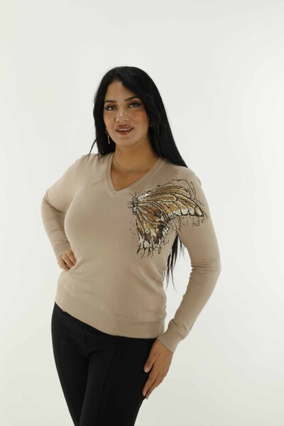 V Neck Stone Detailed Long Sleeve Knitwear Beige - 30557 | KAZEE 