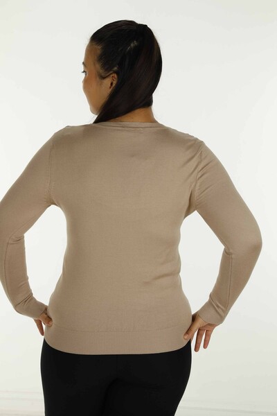 V Neck Stone Detailed Long Sleeve Knitwear Beige - 30688 | KAZEE - Thumbnail