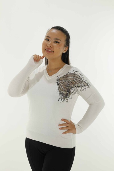 V Neck Stone Detailed Long Sleeve Knitwear Ecru - 30557 | KAZEE - Thumbnail