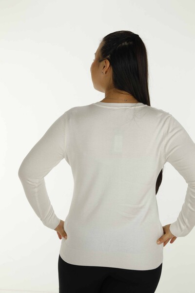 V Neck Stone Detailed Long Sleeve Knitwear Ecru - 30557 | KAZEE - Thumbnail