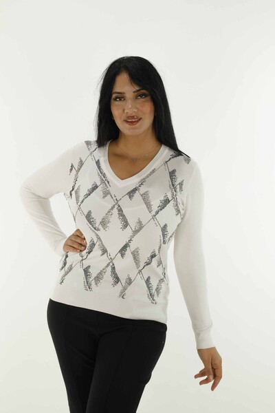 V Neck Stone Detailed Long Sleeve Knitwear Ecru - 30688 | KAZEE - 5