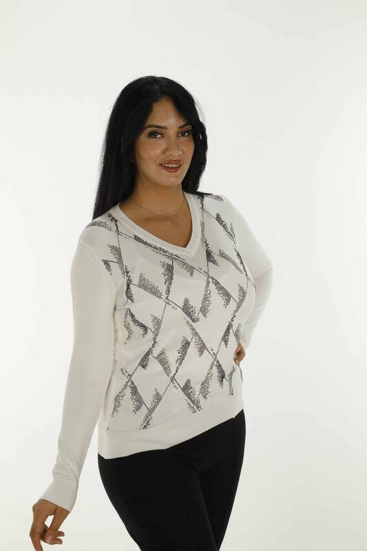 V Neck Stone Detailed Long Sleeve Knitwear Ecru - 30688 | KAZEE