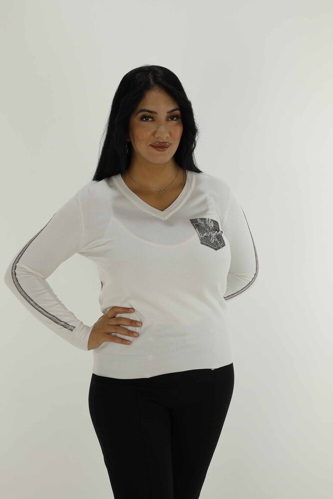 V Neck Stone Detailed Long Sleeve Knitwear Ecru - 30751 | KAZEE - 1