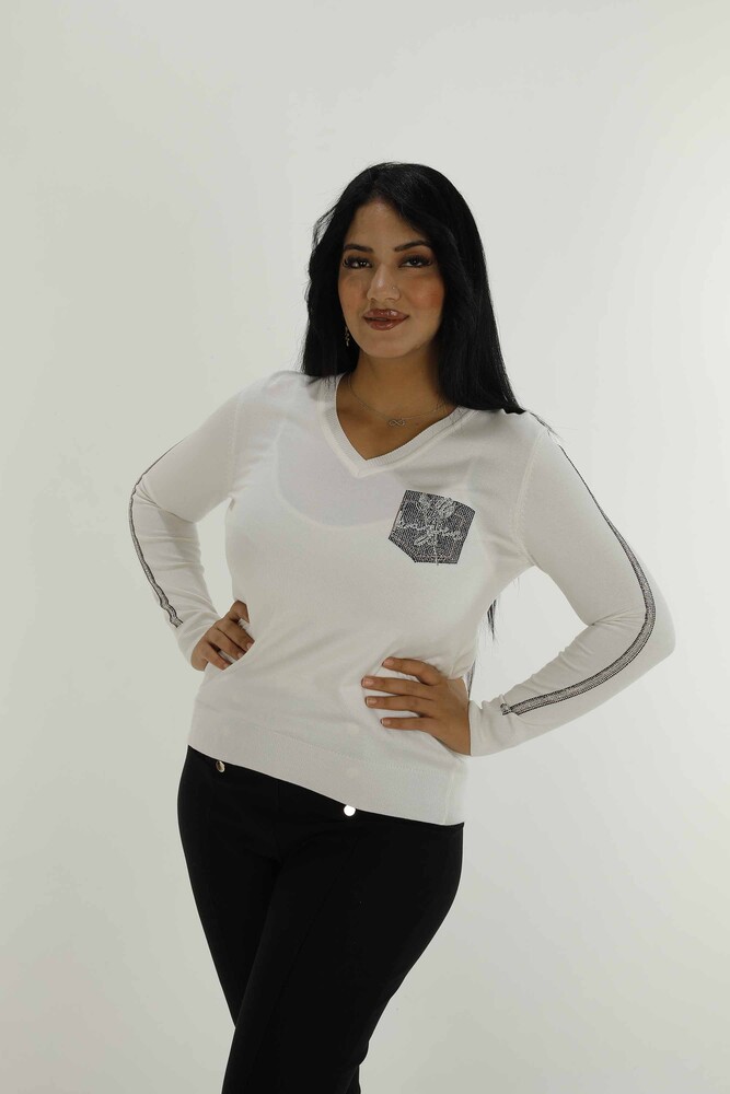 V Neck Stone Detailed Long Sleeve Knitwear Ecru - 30751 | KAZEE - 2