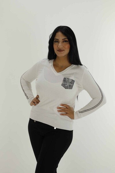 V Neck Stone Detailed Long Sleeve Knitwear Ecru - 30751 | KAZEE - Thumbnail