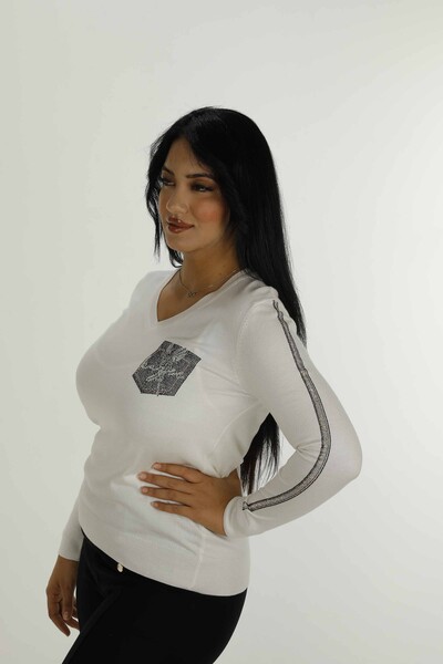 V Neck Stone Detailed Long Sleeve Knitwear Ecru - 30751 | KAZEE - Thumbnail