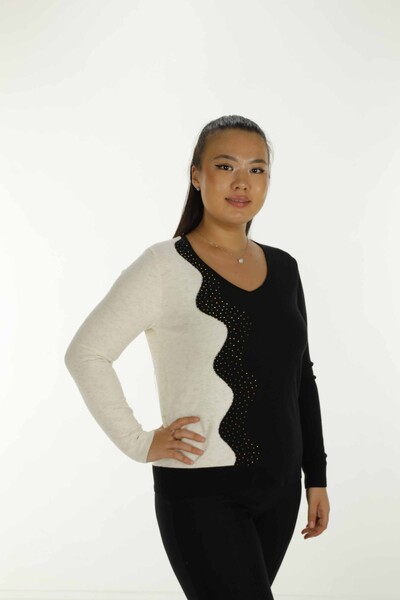 V Neck Stone Detailed Long Sleeve Knitwear Black - 31002 | KAZEE - Thumbnail