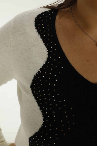 V Neck Stone Detailed Long Sleeve Knitwear Black - 31002 | KAZEE - Thumbnail