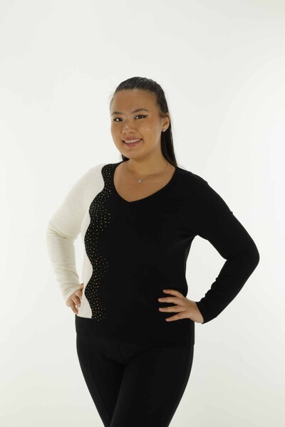 V Neck Stone Detailed Long Sleeve Knitwear Black - 31002 | KAZEE - Thumbnail